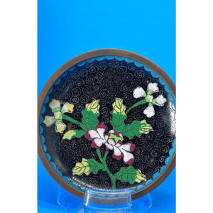 Vintage Chinese Cloisonné Enamel Ring Dish Floral Copper Trinket Plate 4” Marked